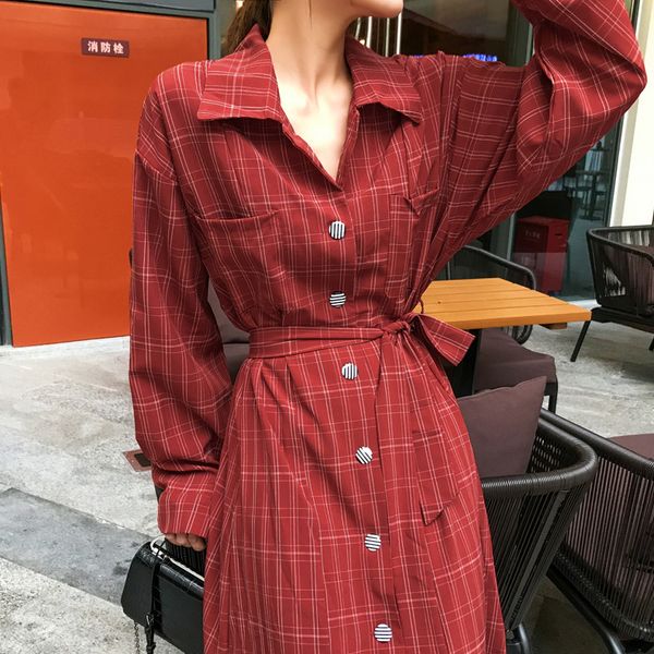

vintage fall coat women red plaid retro over knee long coats belt lapel collar trench office coat women's clothes for autumn, Tan;black