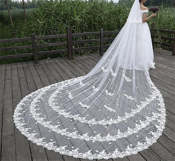 

2019 white wedding veils with lace appliqued cathedral length bridal veils with comb two layers wedding veil, Black