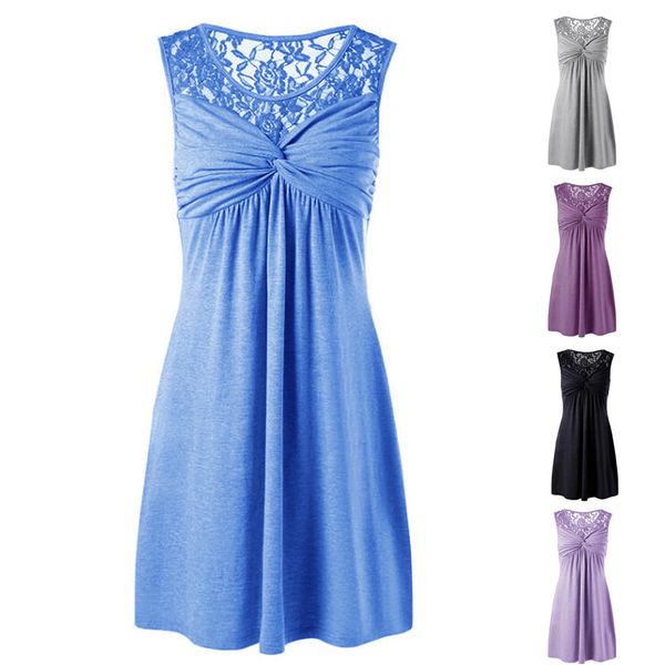 

summer ladies dresses chiffon stitching lace women summer dress collar sleeveless summer dress 2019 ypf528, Black;gray