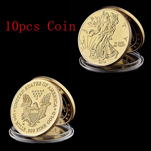 

10pcs 100 mills 999 fine memorial us eagle 2013 status of liberty in god we trust gold plated souvenir coin