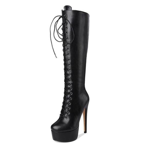 

onlymaker women's platform front lace-up high heel stiletto stretch over the knee high boot, Black