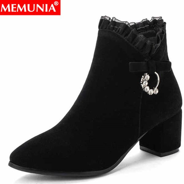 

memunia plus size 34-43 new women boots square high heels lace rhinstone autumn winter shoes ladies ankle boots party shoes, Black