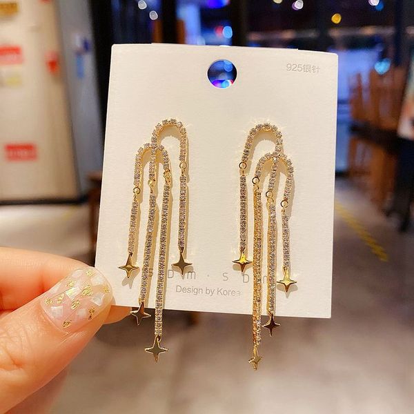 

high-end bling bling long design star crystal earrings for women gold color dangle earrings jewelry, Silver