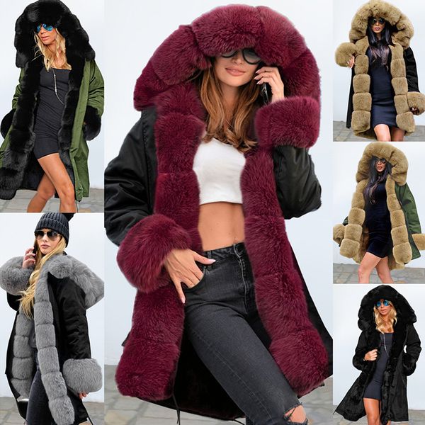 

women fashion warm thick loose coats casual hooded long sleeve jacket coat female brand new style big wool collar winter coat, Black