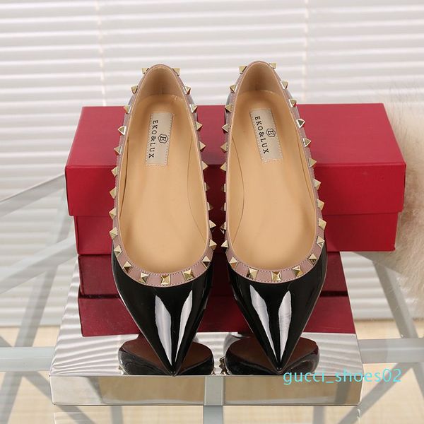 

fashion brand luxury vogue women shoes rivets flats pointed toe flats metal studded shoes leather ballerina plus size 33-43 g02, Black