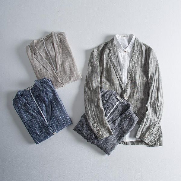 

men spring autumn fashion brand japan style vintage striped long sleeve linen suit blazer male casual thin jacket suit cloth, White;black