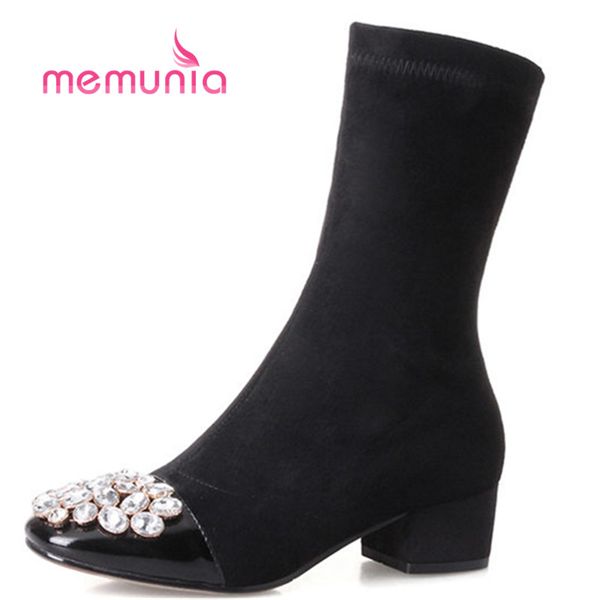 

memunia large size 32-43 women boots elegant crystal fashion boots square toe med heels winter 2018 new mid calf, Black
