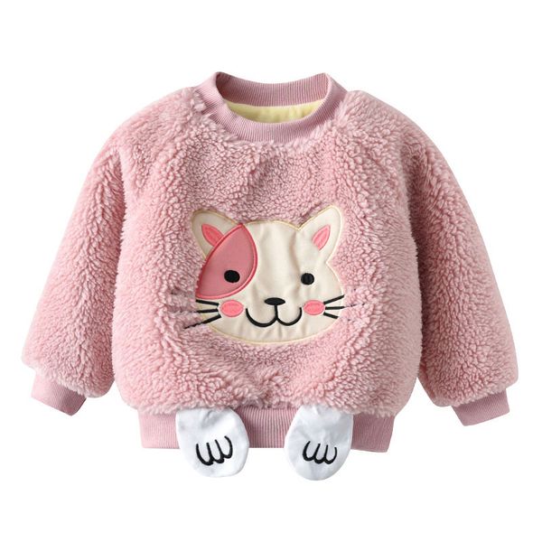 

baby girl sweaters new winter plush cartoon cat print casual long sleeve sweater for kid, Blue