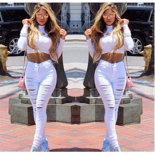 

2019 new fashion wild casual commuter big hole small feet pants personality honing broken elastic jeans women's trousers, Blue