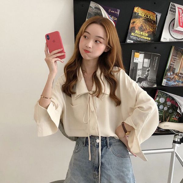 

retro cute blouse wide long sleeve kawaii shirt women loose style chemise femme chemisier blusa mujer camisa, White