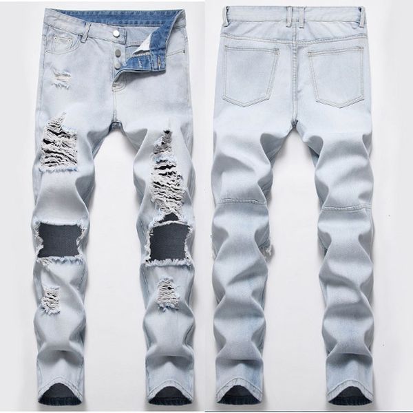 

новый конструктор мужские джинсы мужские проблемные рваные джинсы тощий классический промывают тонкий мото байкер причинная mens denim брюки, Blue