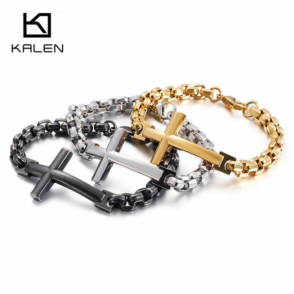 

kalen stainless steel cross bracelets for men 22cm gold/silver/matte crucifix charm box chain bracelet religious christ jewelry, Golden;silver