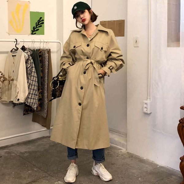 

2019 spring korean elegant trench temperament lapel coat cotton streetwear long turn-down collar button sashes women coat, Tan;black