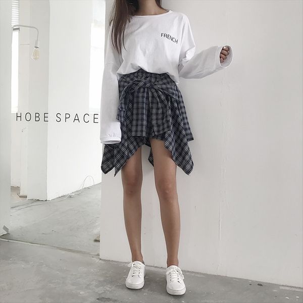 

chic lazy loose letter tee + plaid strap irregular skirt female chic lazy loose letter shirt tee + shirt plaid strap irregular skirt female, White