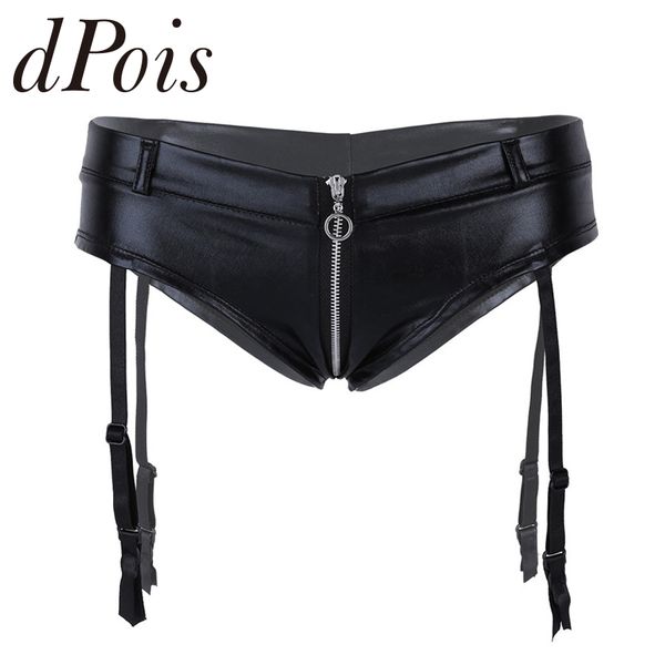 

women lingerie faux leather zipper crotch low rise briefs underwear with garters woman panties evening club party costumes