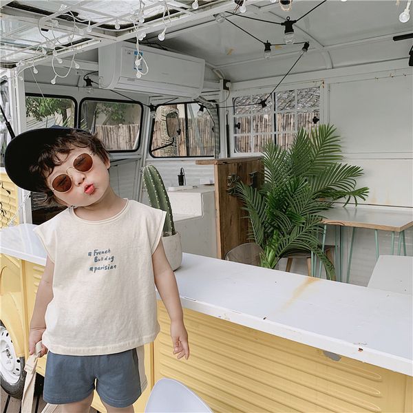 

korean style 2019 baby boys letters printed clothes sets kids cotton sleeveless vest and patchwork shorts 2pcs suits, White