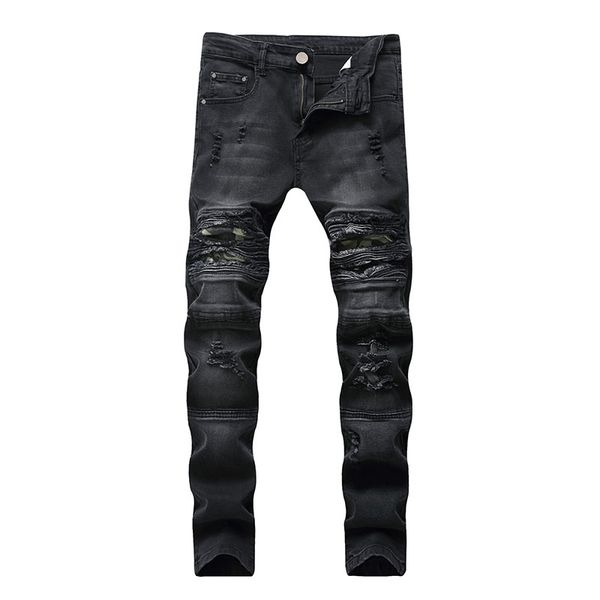 

men biker jeans vintage patchwork denim pants knee holes ripped draped sratched panelled washed high quality, Blue
