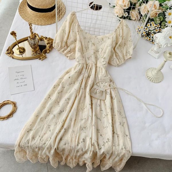 

casual dresses spring 2021 fashion women's elegant dress vintage lace round neck puff sleeved high waist slim sweet floral ladies, Black;gray