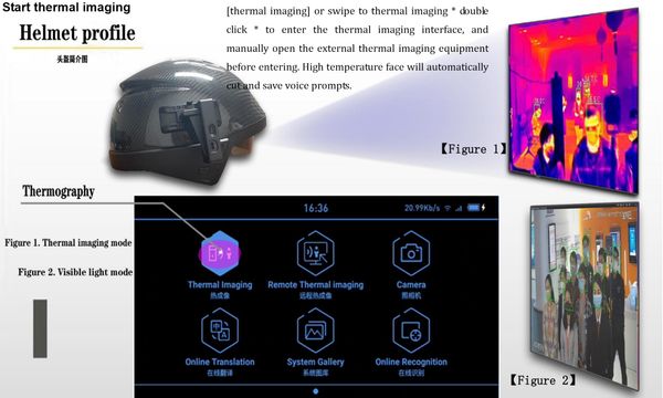 

smart helmet device integrated with thermal conductivity imaging temperature measurement module, bluetooth, bone borne headset, wifi 4g