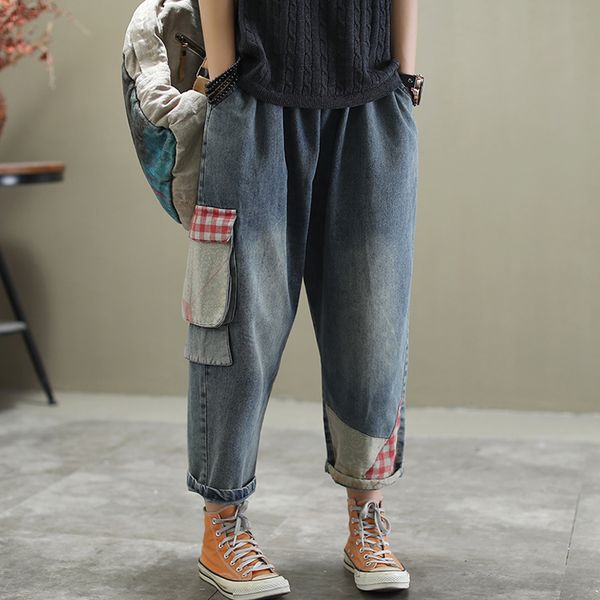 

women jeans denim pants bottoms trousers big loose oversized straight patchwork fashion casual for spring summer az21301519, Blue