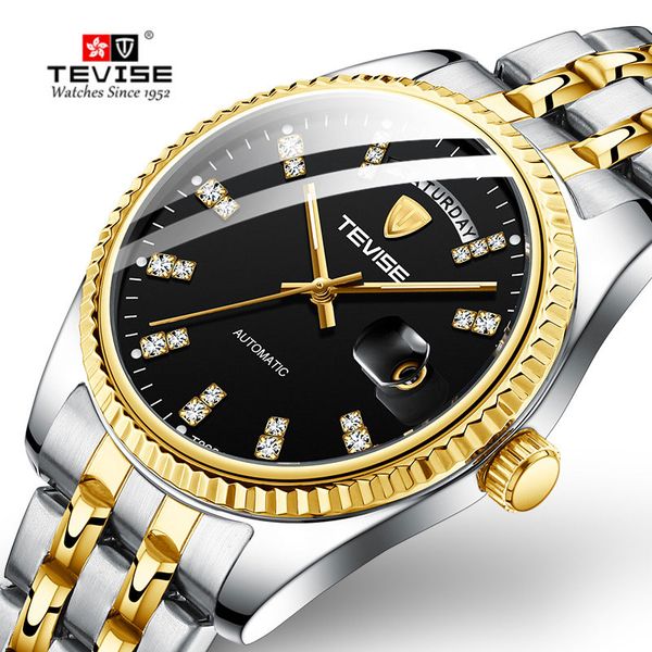 

tevise men luxury golden automatic mechanical watch men stainless steel date business wristwatch relogio masculino, Slivery;brown