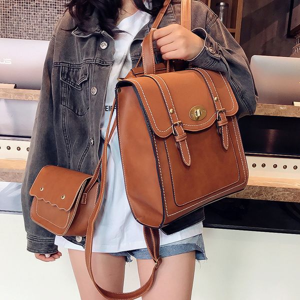 

2019 new fashion backpack 2pcs set women backpack pu leather school bag women casual style a4 paper women backpacks shoulder bag