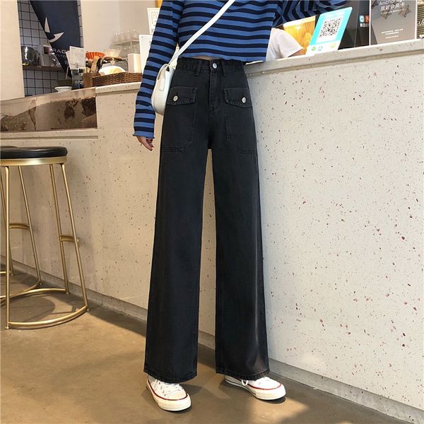

jeans women vintage classic black wide leg trousers womens casual streetwear pockets daily harajuku elegant high waist, Blue