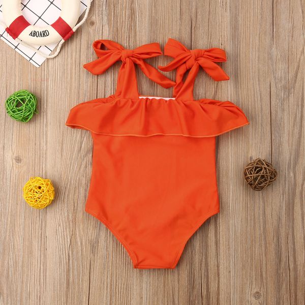 

little girls strap one-piece swimsuit newborn kids baby girls off-shoulder orange swimwear swimsuits beachwear bathing suit 0-5t