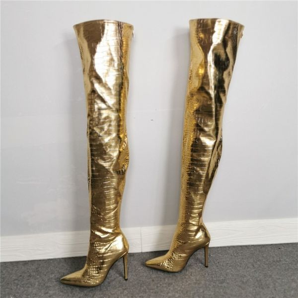 

olomm fashion women thigh high boots stiletto high heels boots pointed toe super gold night club shoes women us size 5-15, Black