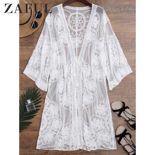 

cover-ups zaful women sheer lace tie front kimono cover up sunscreen blouse embroidered floral thru see through cotton summer