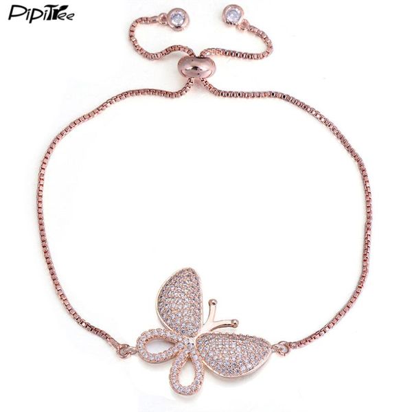 

pipitree luxury micro pave zircon stone big butterfly bracelet femme slider chain rose gold color charm bracelets women jewelry, Golden;silver