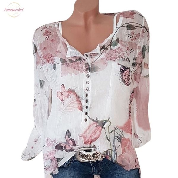 

button women shirts summer casual v neck chiffon blouse women camisa feminina long sleeve ladies print blouse femme shirt, White