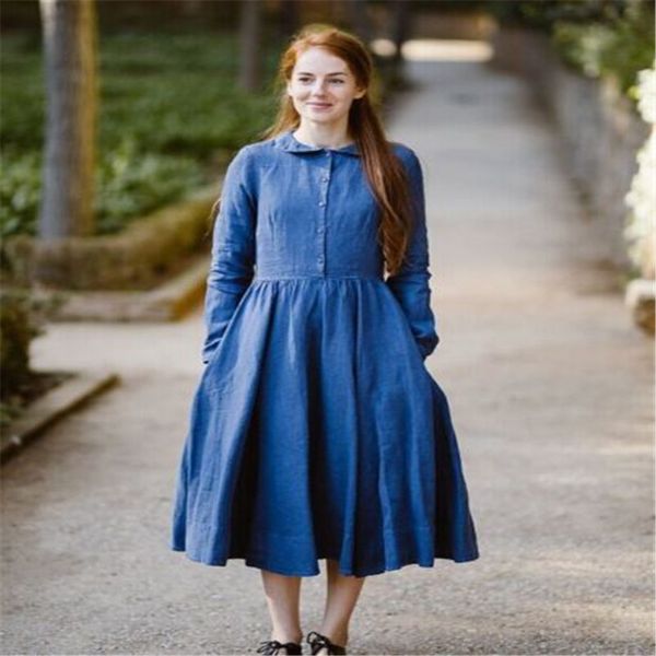 

2018 women's fashion summer long sleeve turn down collar button down swing midi dress beach summer linen cotton dress, Black;gray
