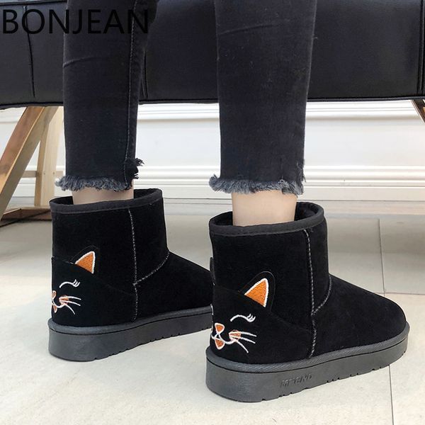 

2020 booties shoes woman bottines femmes plates winter fashion women boots ankle boots slinp-on round toe cat warm women shoes, Black