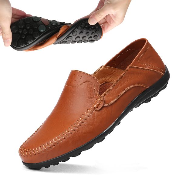 

summer men casual shoes luxury genuine leather loafers men moccasins breathable slip on driving shoes plus size 38-47, Black