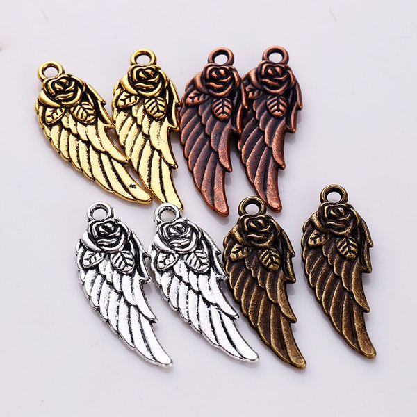 

100pcs/bag retro four colors 32*12mm rose angel wings charms pendant designer jewelry fit making necklace bracelet accessories gift, Bronze;silver