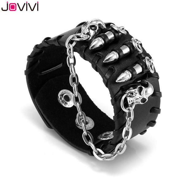 

jovivi 1шт mens металла черный широкий череп крест цепи натуральной кожи punk rock biker браслет браслет регулируемый 6.5-8, Golden;silver