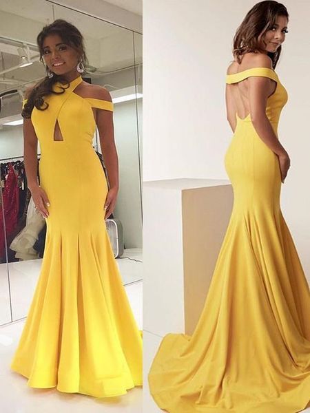 

women's mermaid long halter yellow evening dresses sleeveless robe de soiree sweep train custom made open back party gowns, Black;red