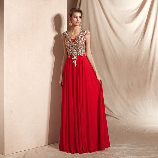 

me009 специальные платья v-образный вырез шифон красной мать невесты платье золотых кружева аппликации длинных платьев для гостей свадьбы, Black;red