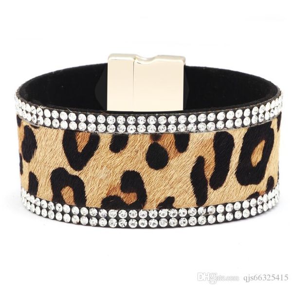 

2019 bohemian wrap ethnic magnet buckle wrist band leopard pattern wrap braceletleopard print horse hair magnetic clasp bracelet, Black
