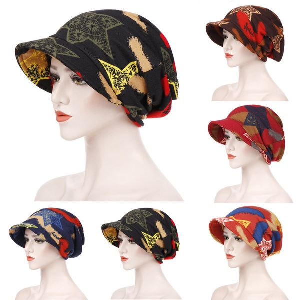 

2019 fashion women floral print cotton keep warm winter wide-brimmed cap turban visor hat turbante mujer, Blue;gray