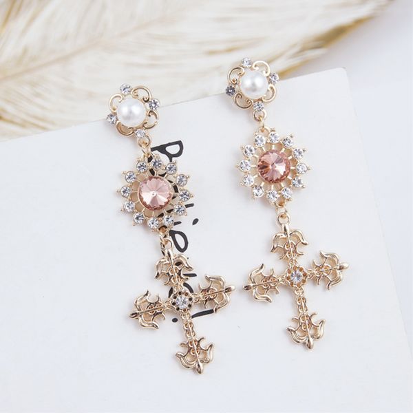 

2019 fashion new hollow rhinestone flower long cross pendant drop earrings vintage statement lady women jewelry brincos 5b1013, Silver