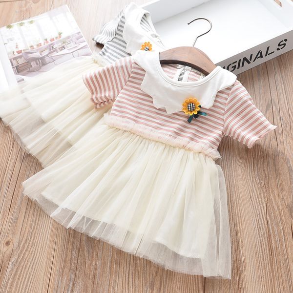 

2019 summer baby girls short sleeve striped print patchwork mesh flower princess party tutu ball gown kids dress vestidos, Red;yellow