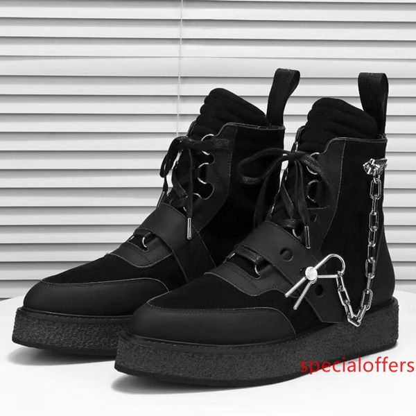 

new arrival creeper ankle boot mens fashion designer boots womens luxury designer shoes suede calf leather platform booties with metal chain, Black