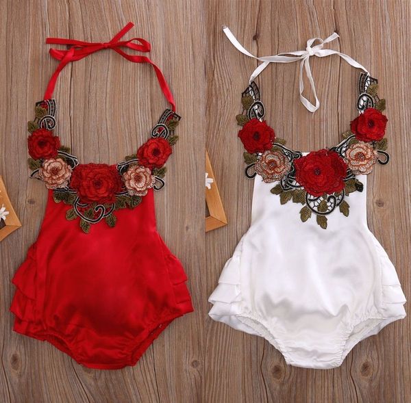 

white red rose newborn baby girls romper sleeveless floral romper belt jumpsuit outfits sunsuit cotton boutique clothing set, Blue