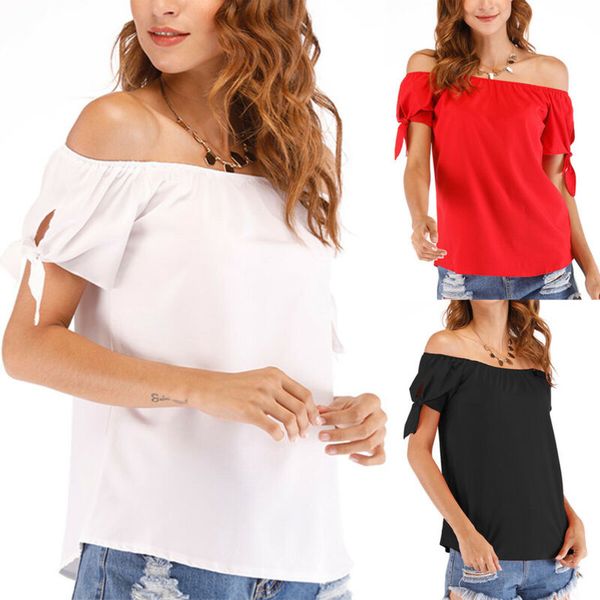 

Women's Off Shoulder Short Sleeve Tops Blouse Summer Holiday Loose Solid Shirt