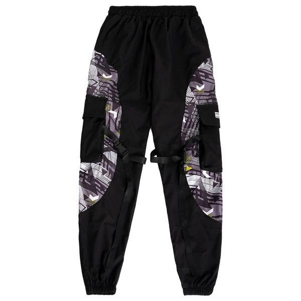 

new brand fashion hip hop streetwear men's splice patchwork trousers side pockets joggers pants casual bottom-tied sweatpants, Black