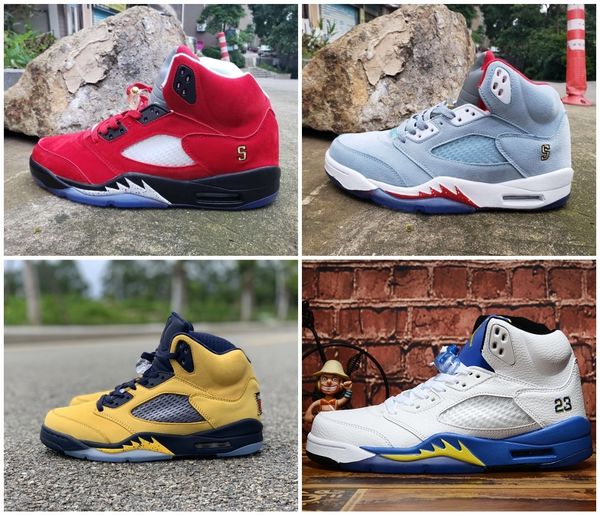 

2019 mens 5 michigan basketball shoes new trophy room x 5s ice blue jsp red blue suede laney white designer sneakers z7