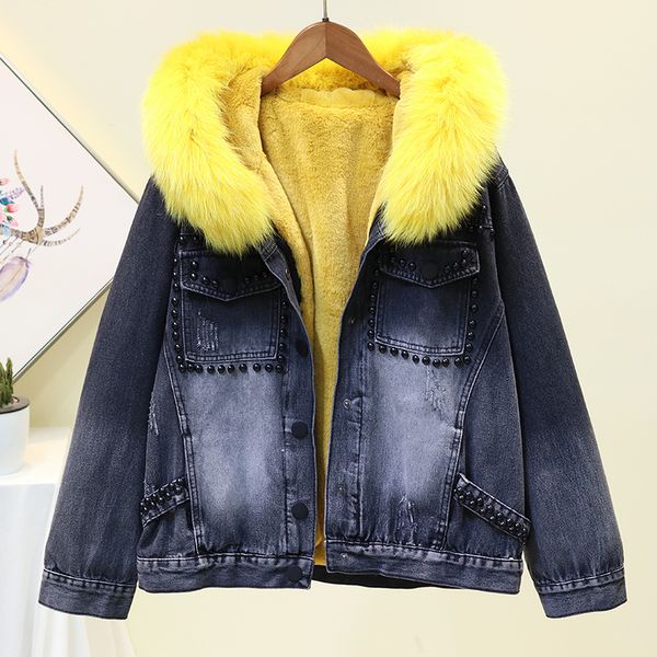 

winter new real fur collar detachable plus velvet thicken hooded denim jacket bf student rivet cotton padded coat female outwear, Black