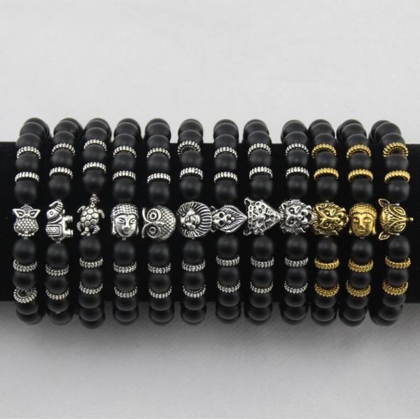 

mens bracelets luxury jewelry women matt stone bead bracelet elephant leopard head lion head owl turtle lava charm bracelets, Golden;silver